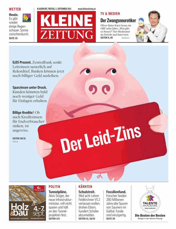 Titelseite der Kleinen Zeitung vom 5. September 2014 mit dem Titelthema „Der Leid-Zins“.
