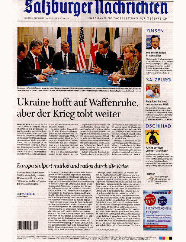 Titelseite der Salzburger Nachrichten vom 5. September 2014 mit einem Artikel über die Ukraine und den NATO-Gipfel.