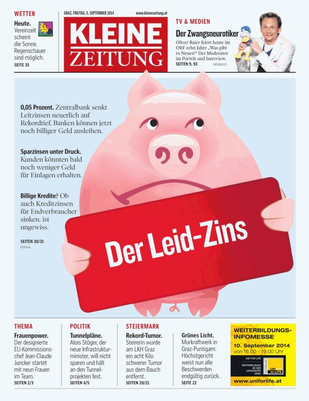 Titelseite der Kleinen Zeitung vom 5. September 2014 mit dem Thema „Der Leid-Zins“.