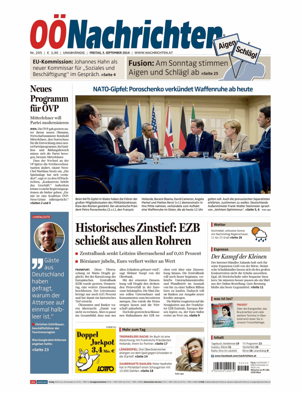 Titelseite der OÖNachrichten vom 5. September 2014 mit Berichten über EU-Kommission, NATO-Gipfel und EZB-Zinspolitik.