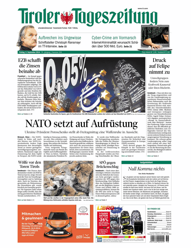 Titelseite der Tiroler Tageszeitung vom 5. September 2014.