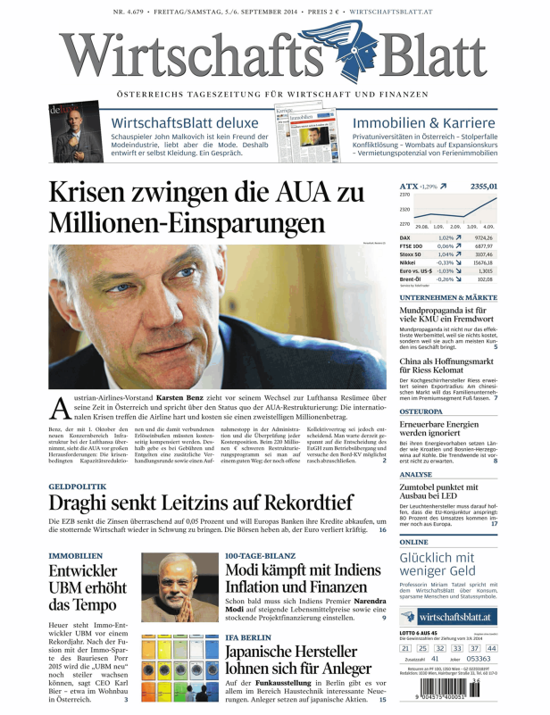 Titelseite des WirtschaftsBlatt vom 5./6. September 2014.