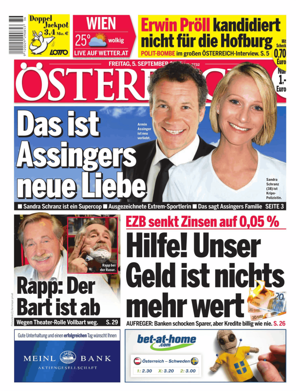 Titelseite der Zeitung „Österreich“ vom 5. September mit Armin Assinger und Sandra Schranz.