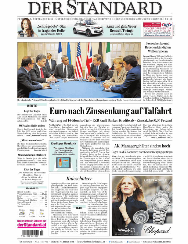 Titelseite der Zeitung „Der Standard“ vom 5. September 2014.