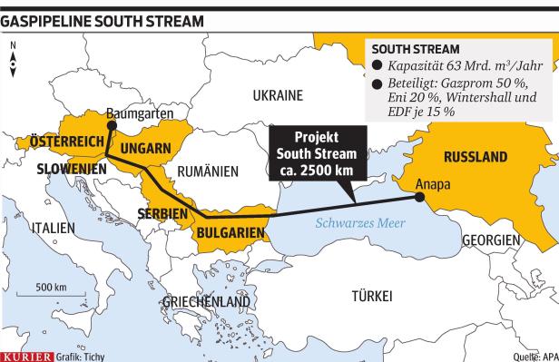 xyz Eine Karte der Gaspipeline South Stream, die von Russland durch das Schwarze Meer nach Europa führt.