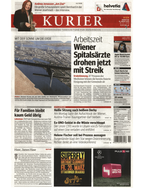 Titelseite des „Kurier“ vom 10. März 2015 mit Artikeln zu verschiedenen Themen.