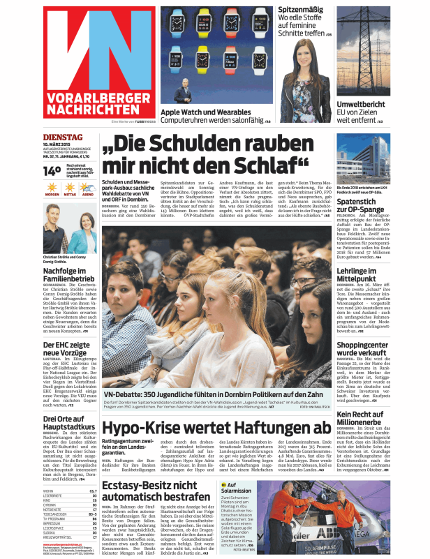 Titelseite der Vorarlberger Nachrichten vom 10. März 2015.