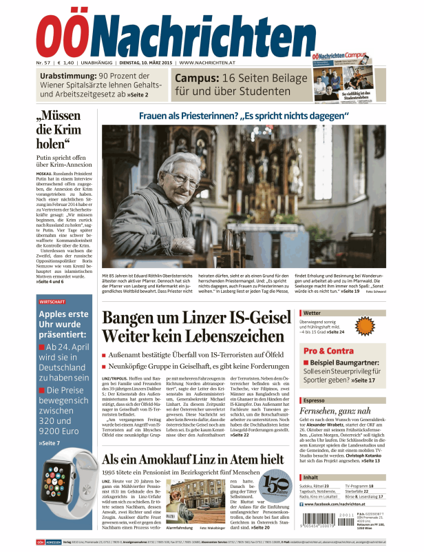 Titelseite der OÖNachrichten vom 10. März 2015 mit Artikeln über Politik, Wirtschaft und lokale Ereignisse.