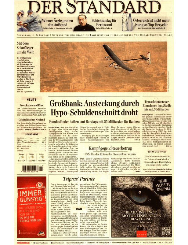Titelseite der Zeitung Der Standard vom 10. März 2015.