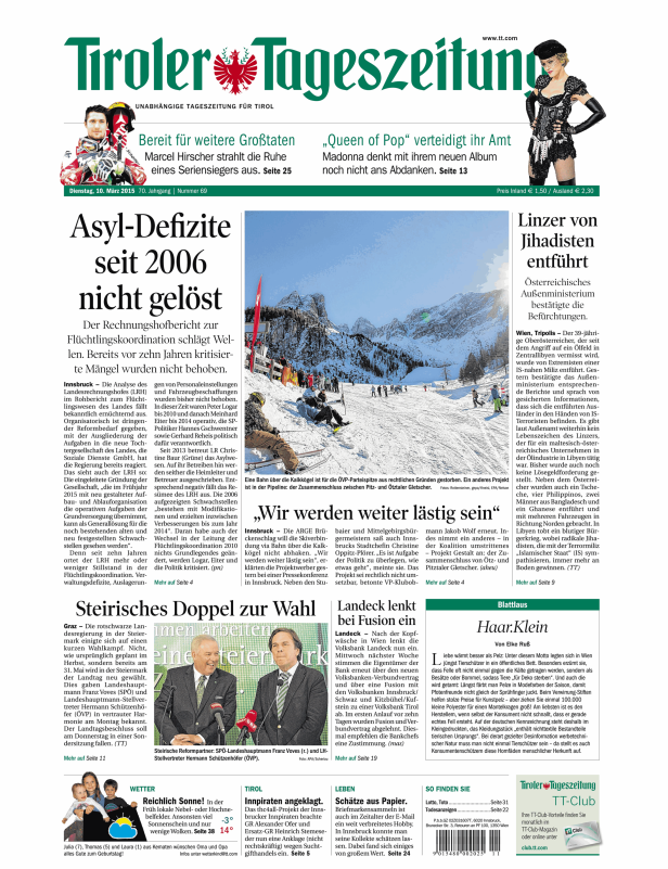 Titelseite der Tiroler Tageszeitung vom 10. März 2015.