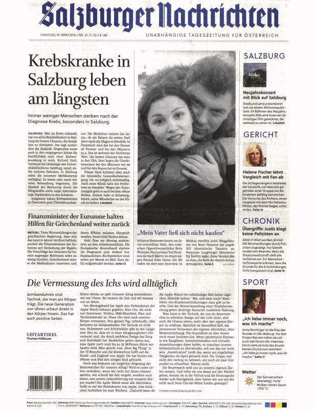 Titelseite der Salzburger Nachrichten vom 10. März 2015.