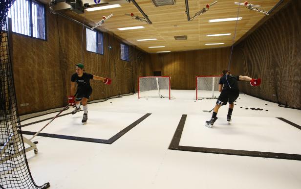 Zwei Hockeyspieler trainieren in einer Halle mit zwei Toren und simuliertem Eis.
