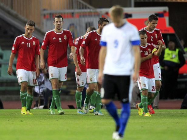 Ungarische Fußballspieler betreten das Spielfeld.