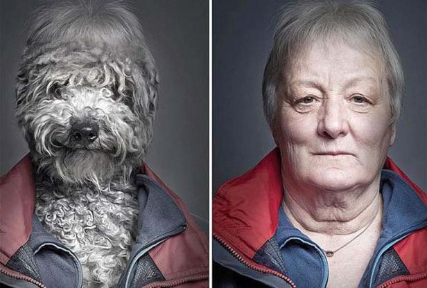 Ein Hund und eine Frau, jeweils in Jacken, sehen einander ähnlich.