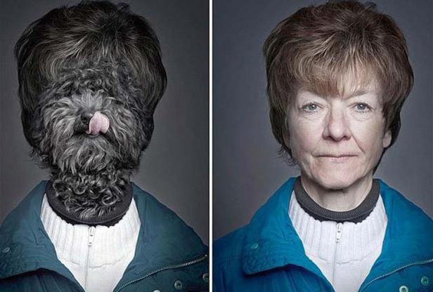 Ein Hund mit herausgestreckter Zunge und eine Frau mit ähnlicher Frisur und Kleidung im direkten Vergleich.