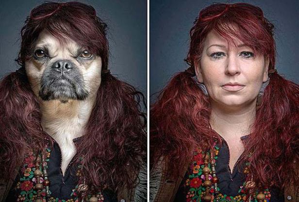 Ein geteiltes Porträt, das eine Frau und einen Hund mit ähnlicher Frisur und Kleidung zeigt.