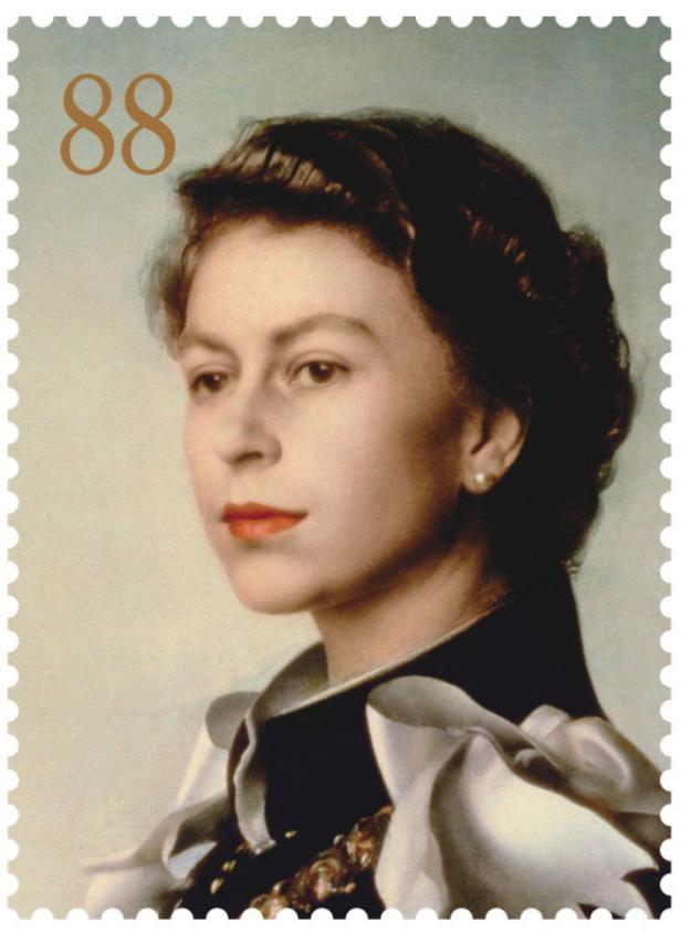 Eine Briefmarke mit einem Porträt der jungen Königin Elizabeth II.