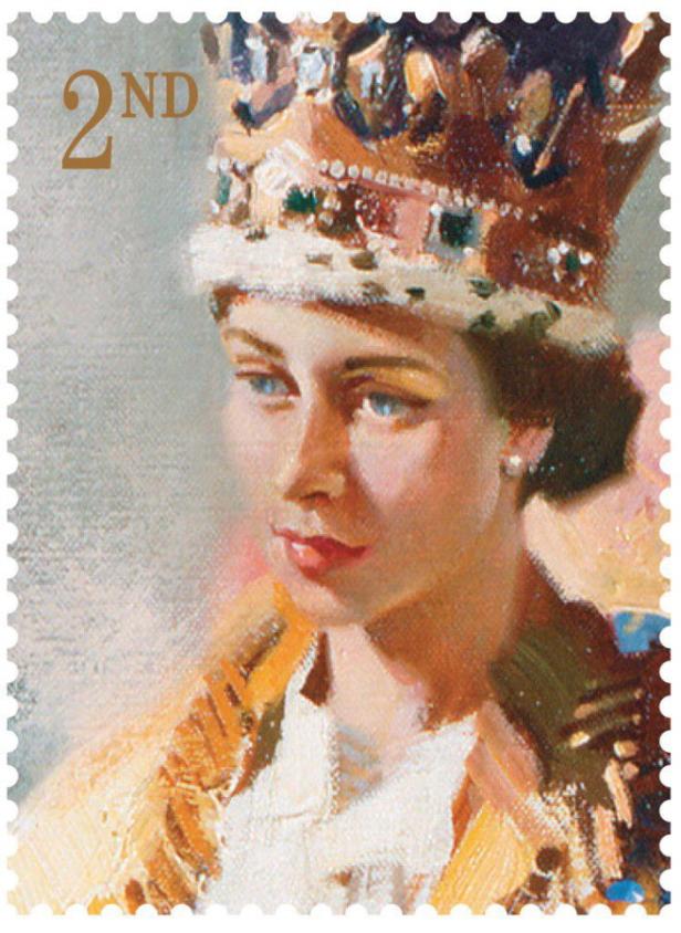 Ein Gemälde von Königin Elisabeth II. mit Krone auf einer Briefmarke.