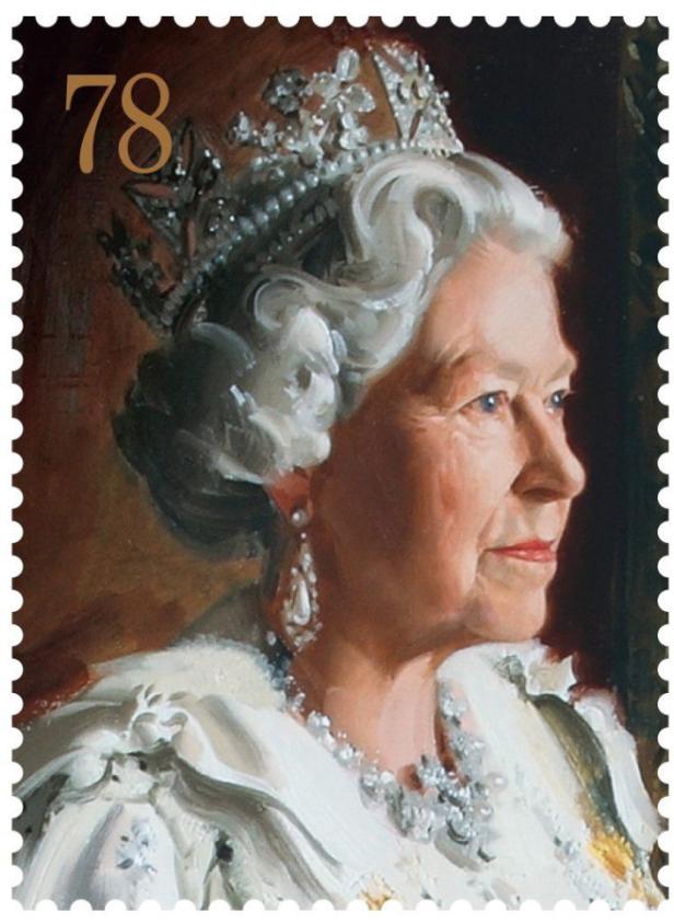 Eine Briefmarke mit einem Porträt von Königin Elizabeth II. mit Krone und Schmuck.
