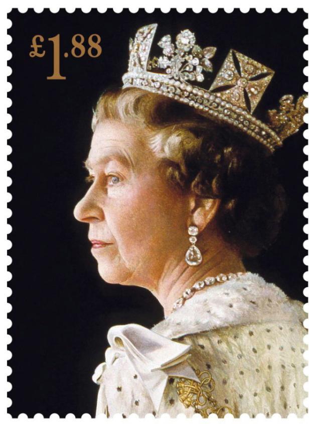 Eine Briefmarke mit einem Porträt von Königin Elisabeth II. mit Krone und Schmuck.