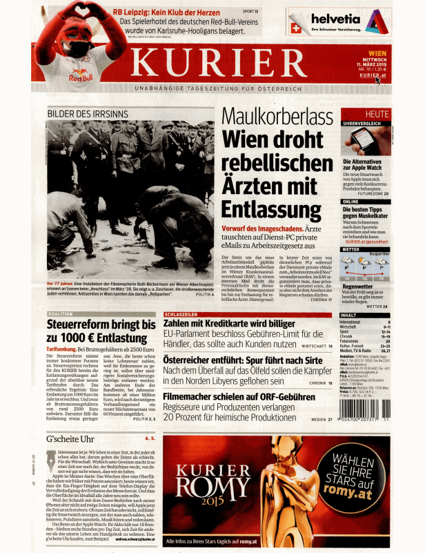 Titelseite der Zeitung „Kurier“ vom 11. März 2015 mit verschiedenen Artikeln.