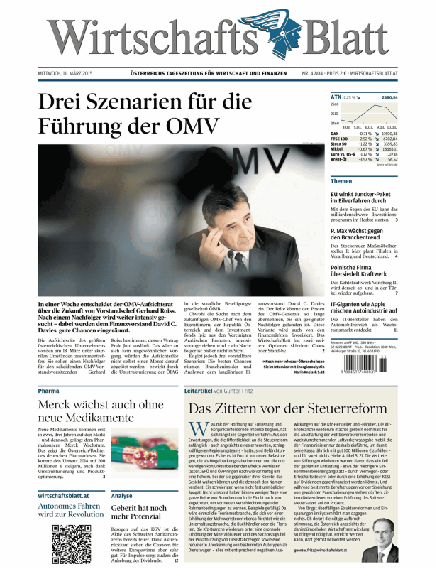 Titelseite des Wirtschaftsblatt vom 11. März 2015 mit Artikeln zu Wirtschaft und Finanzen.
