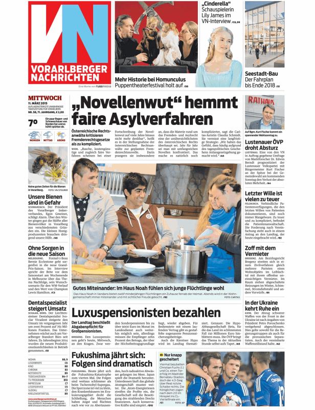 Titelseite der Vorarlberger Nachrichten vom 11. März 2015 mit verschiedenen Artikeln.