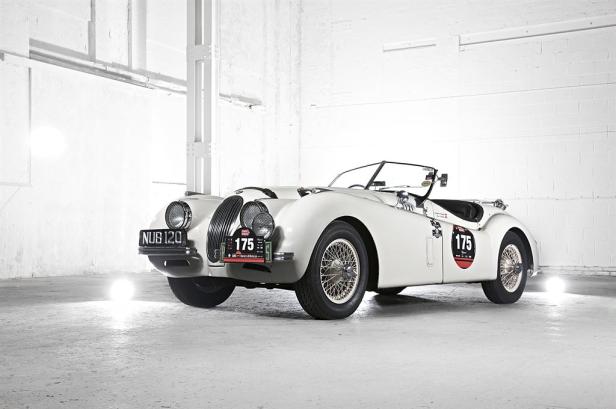 Ein weißer Jaguar XK120 Oldtimer mit der Startnummer 175 in einer Garage.