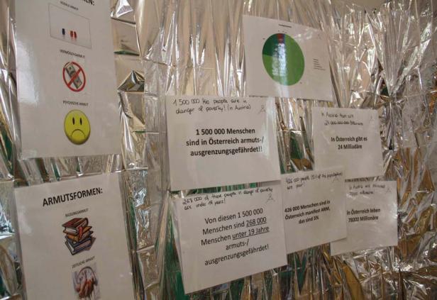 Eine Wand bedeckt mit Blättern, die Informationen über Armut in Österreich zeigen.