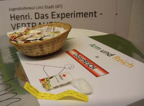 Ein Korb mit Süßigkeiten und ein Blatt Papier mit der Aufschrift „Arm und Reich in Österreich“.