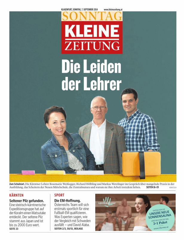 Titelseite der „Kleinen Zeitung“ vom 7. September 2014 mit dem Titel „Die Leiden der Lehrer“.