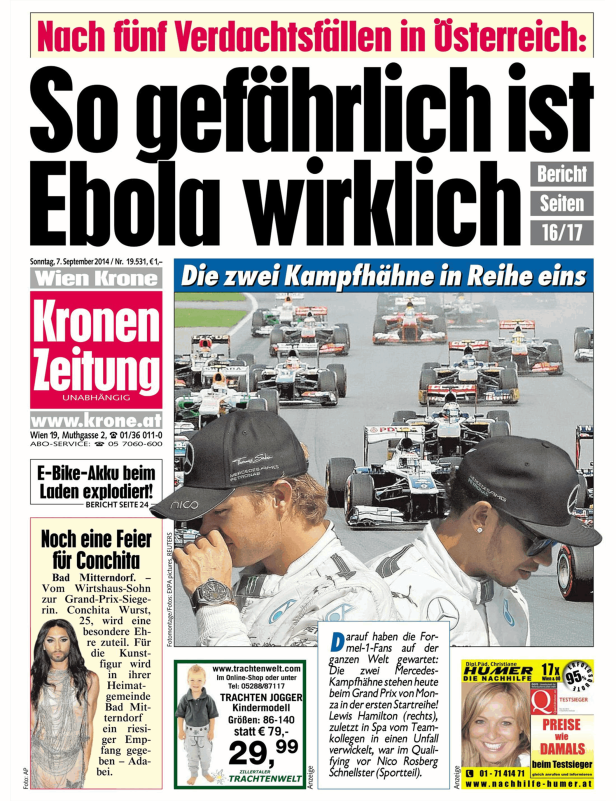 Titelseite der Kronen Zeitung vom 7. September 2014 mit Artikeln über Ebola und Formel 1.