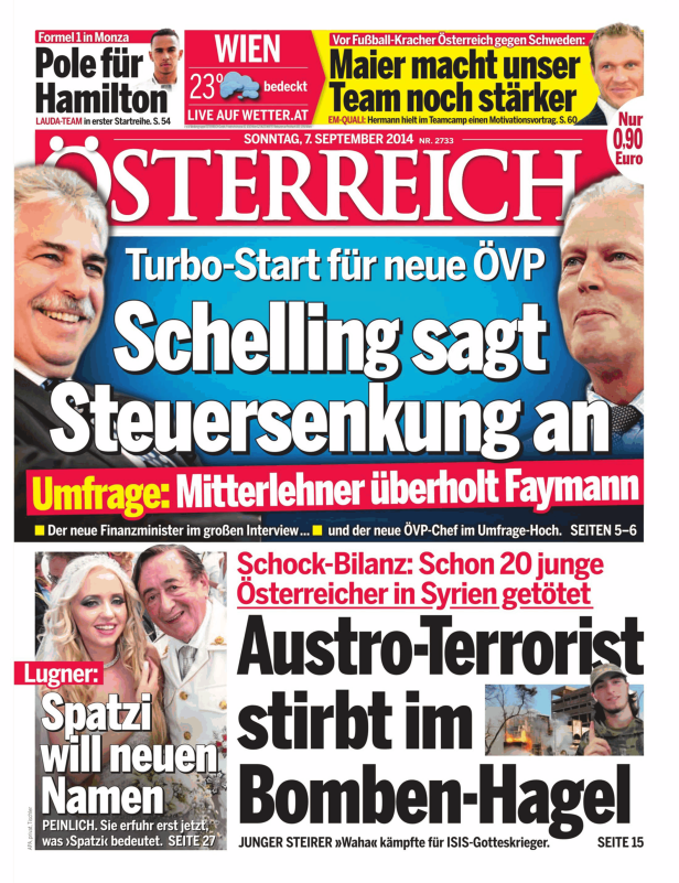 Titelseite der österreichischen Zeitung „Österreich“ vom 7. September 2014.