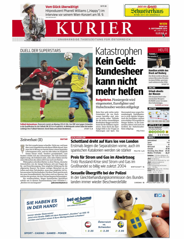 Titelseite des Kurier vom 8. September 2014 mit Fußballspielern und Schlagzeilen.