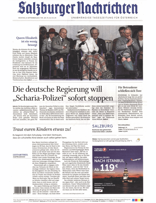 Titelseite der Salzburger Nachrichten vom 8. September 2014 mit Queen Elizabeth und Prinz Philip.