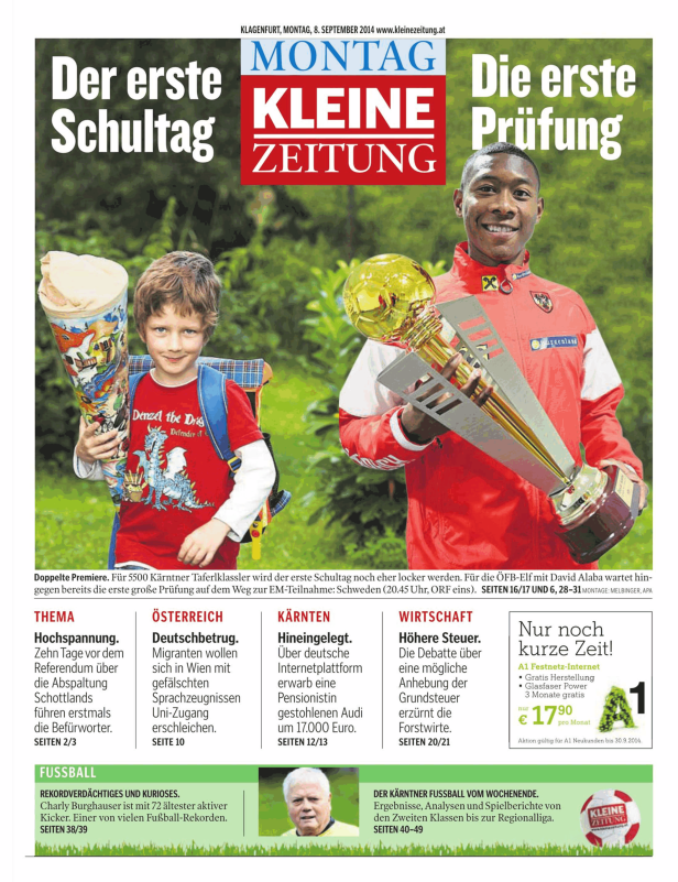 Titelseite der „Kleinen Zeitung“ vom 8. September 2014 mit Artikeln über Schulanfang und Fußball.
