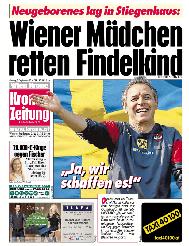 Titelseite der Kronen Zeitung mit einem Foto von Marcel Koller vor einer blau-gelben Flagge.