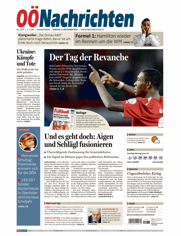 Titelseite der OÖNachrichten vom 8. September 2014.