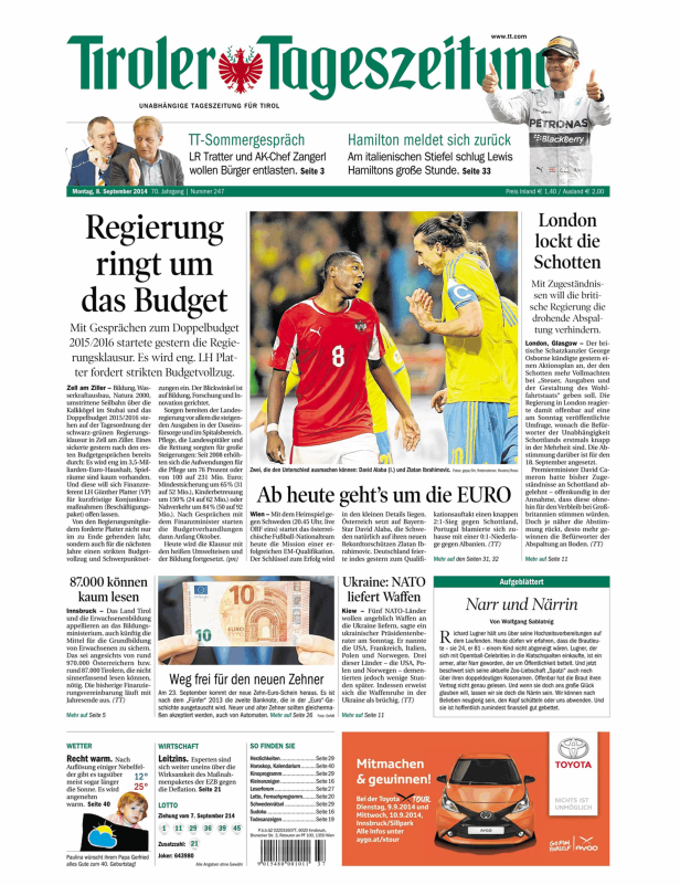 Titelseite der Tiroler Tageszeitung vom 8. September 2014.