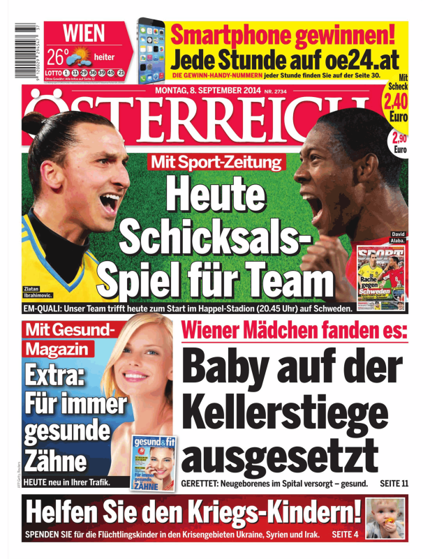 Titelseite der Zeitung „Österreich“ vom 8. September 2014 mit Zlatan Ibrahimović und David Alaba.