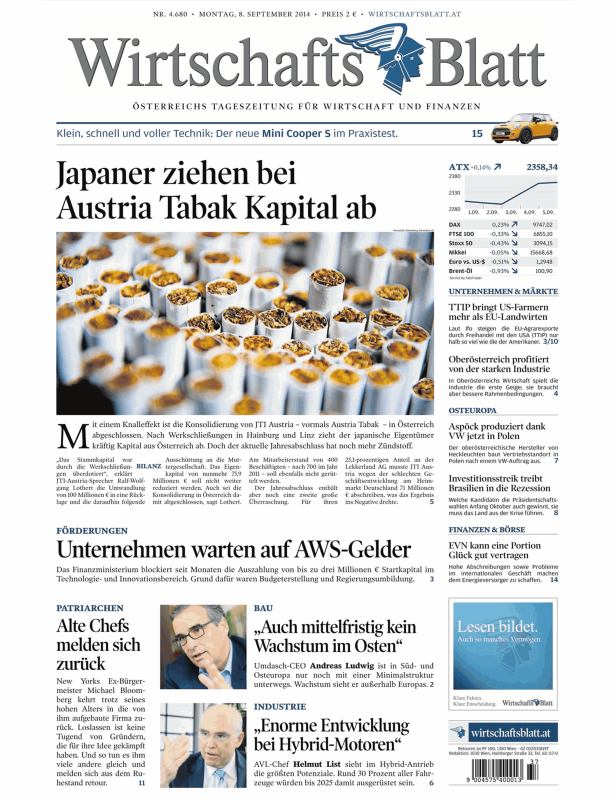 Titelseite des „Wirtschaftsblatt“ vom 8. September 2014 mit Artikeln zu Wirtschaft und Finanzen.
