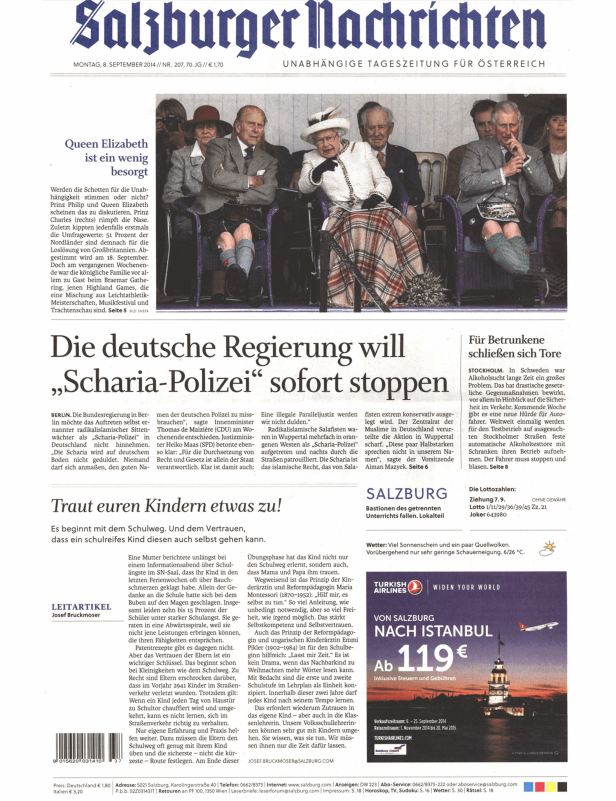 Titelseite der Salzburger Nachrichten vom 8. September 2014 mit Artikeln zu verschiedenen Themen.
