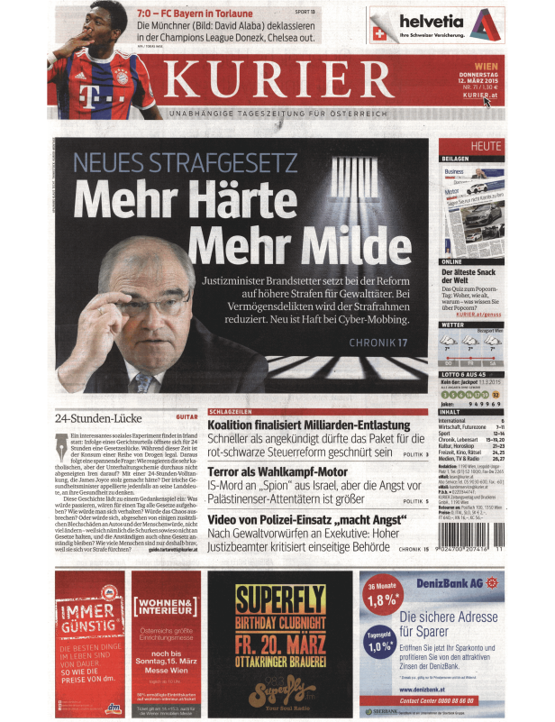Titelseite der österreichischen Tageszeitung Kurier vom 12. März 2015.