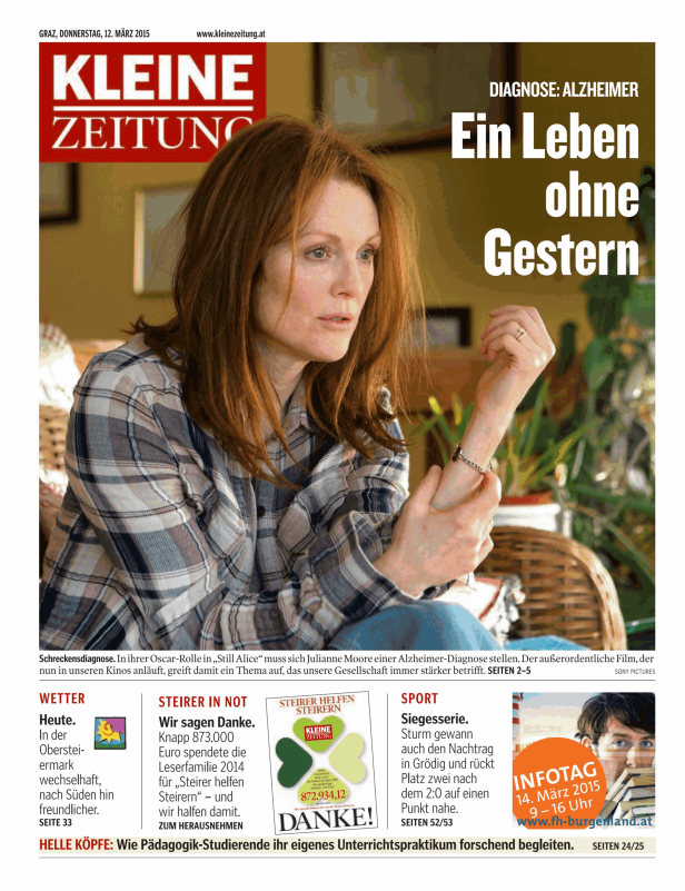 Julianne Moore auf einer Titelseite der Kleinen Zeitung zum Thema Alzheimer.