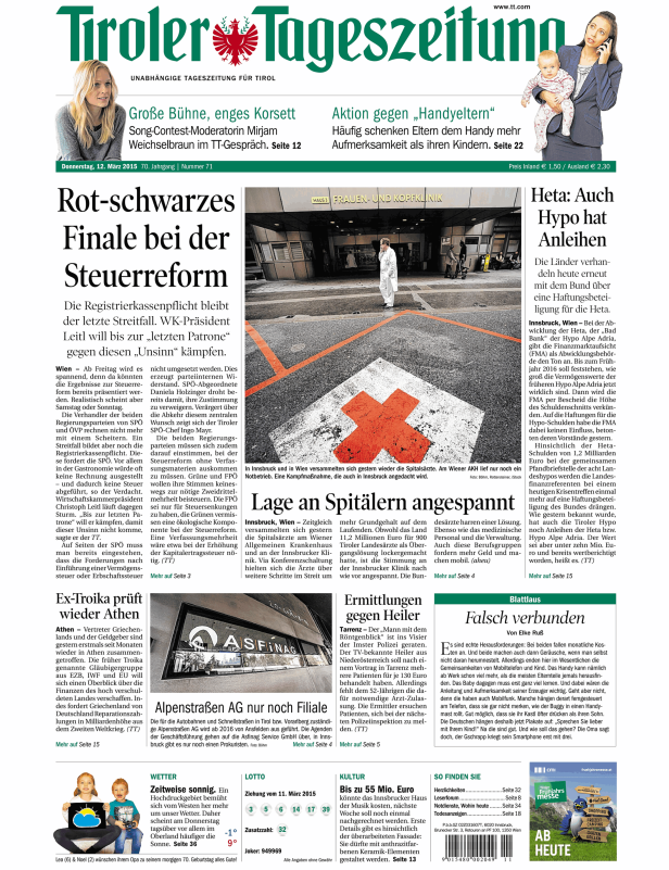 Titelseite der Tiroler Tageszeitung vom 12. März 2015.