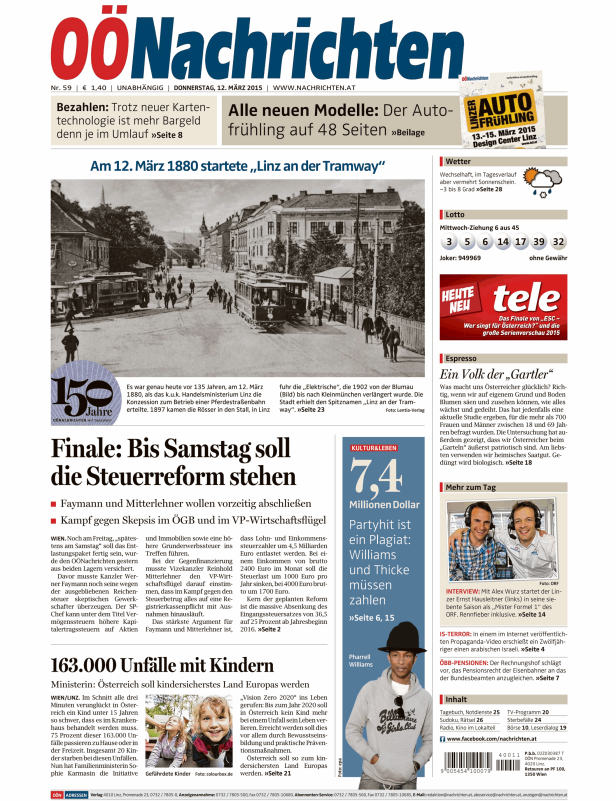 Titelseite der OÖNachrichten vom 12. März 2015 mit einem Artikel über den Start der Straßenbahn in Linz im Jahr 1880.