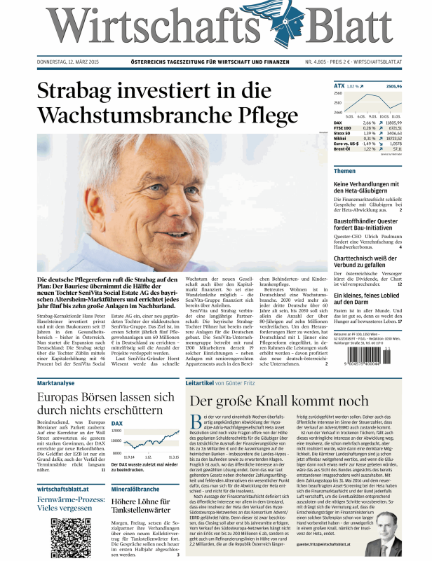 Titelseite des Wirtschaftsblatt vom 12. März 2015.