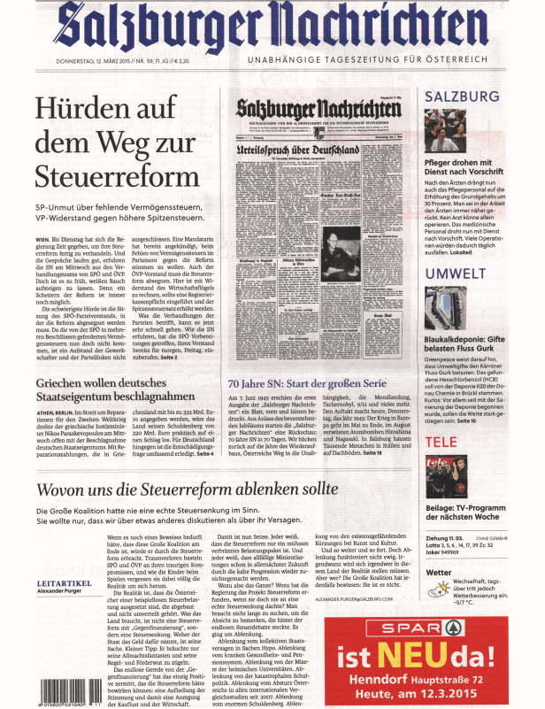 Titelseite der „Salzburger Nachrichten“ vom 12. März 2015.