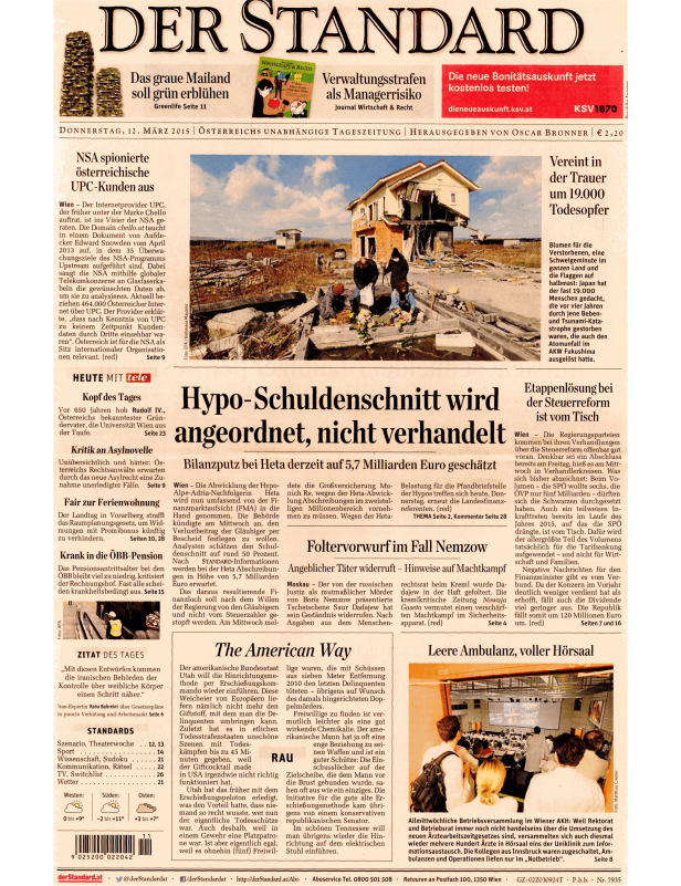 Titelseite der Zeitung „Der Standard“ vom 12. März 2015 mit Artikeln zu verschiedenen Themen.