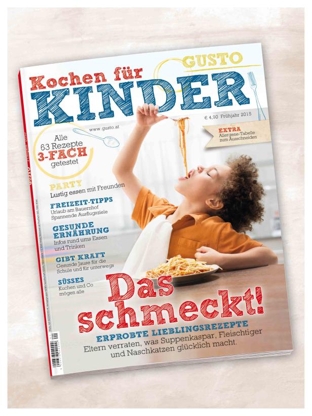 Das Cover der Zeitschrift „Kochen für Kinder“ zeigt ein Kind, das Spaghetti isst.